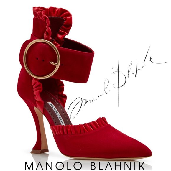 Manolo Blahnik Visma Dark Red Suede Ruffle Detail Pumps Size EU 37 US 7
